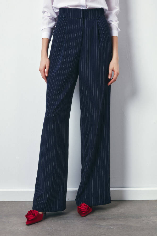 Wide Leg Striped Trousers - NAVY - 6