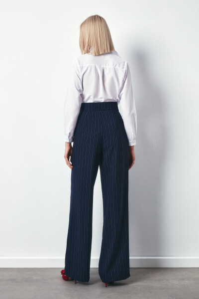 Wide Leg Striped Trousers - NAVY - 8