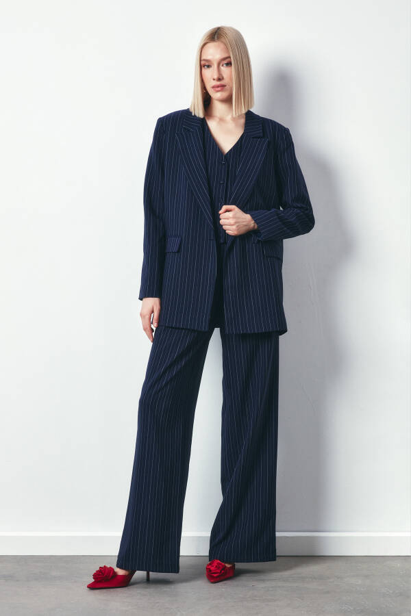 Wide Leg Striped Trousers - NAVY - 10