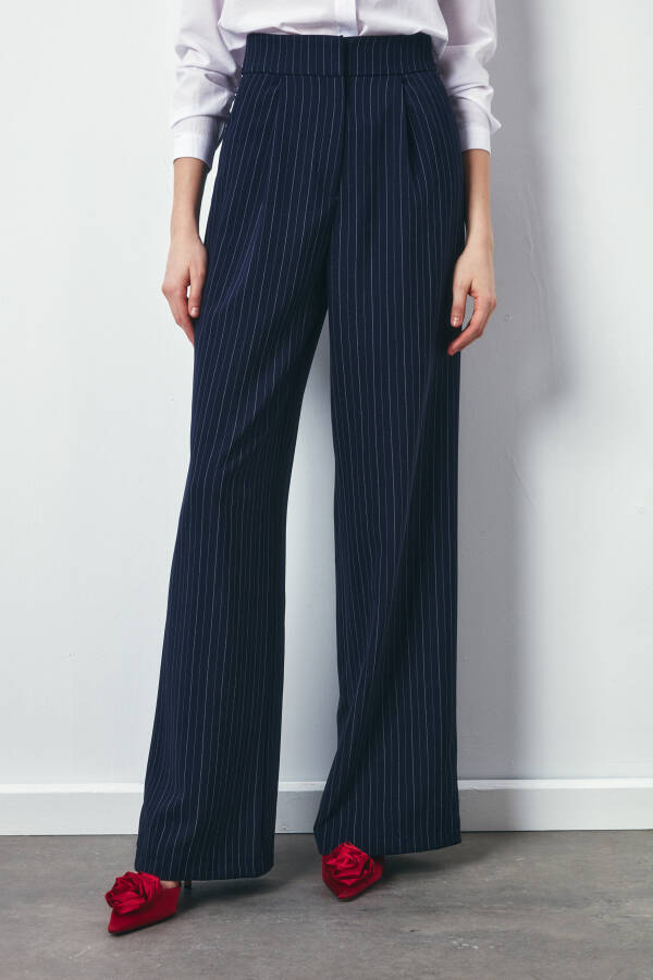 Wide Leg Striped Trousers - NAVY - 14