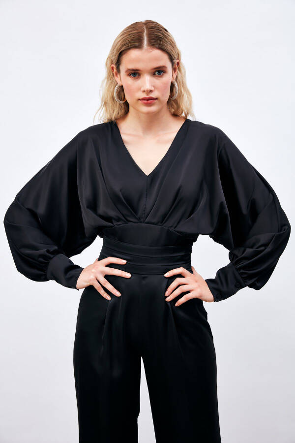 Wide Sleeve Satin Blouse - BLACK - 1