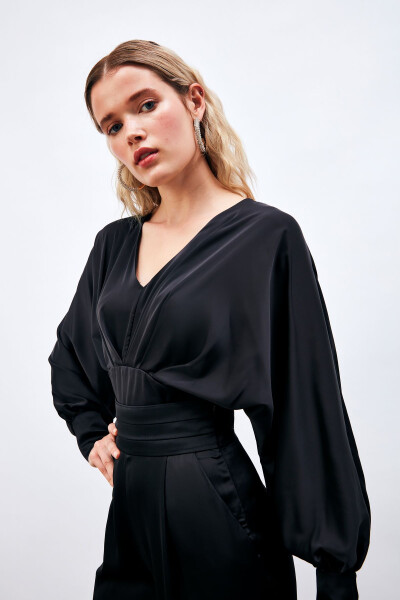 Wide Sleeve Satin Blouse - BLACK - 2