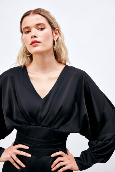 Wide Sleeve Satin Blouse - BLACK - 3