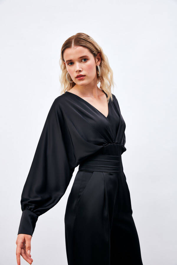 Wide Sleeve Satin Blouse - BLACK - 4