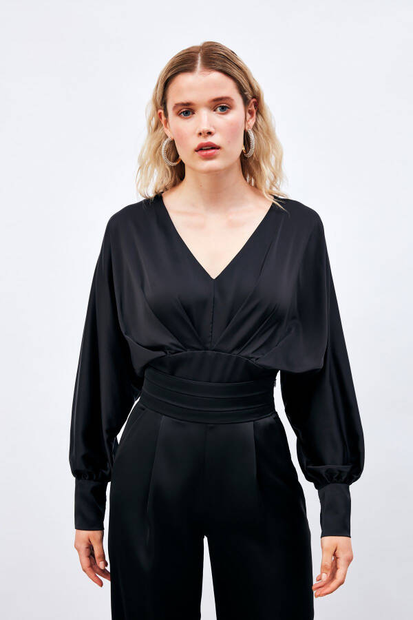 Wide Sleeve Satin Blouse - BLACK - 5