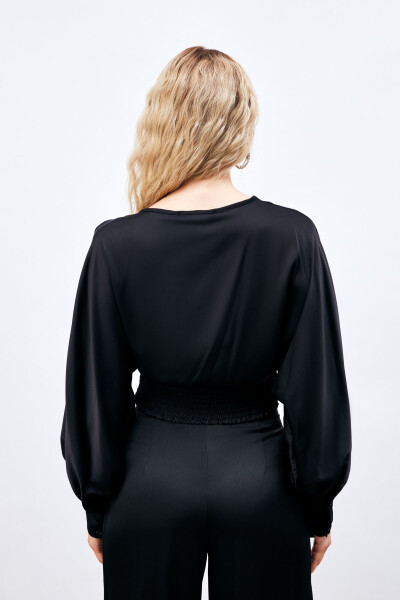 Wide Sleeve Satin Blouse - BLACK - 6