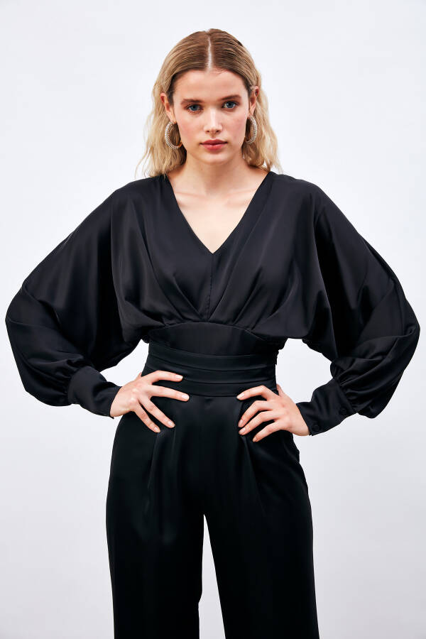 Wide Sleeve Satin Blouse - BLACK - 7