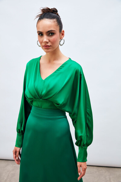 Wide Sleeve Satin Blouse - GREEN - 1