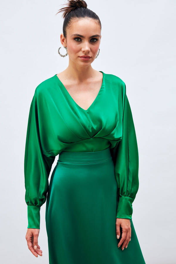 Wide Sleeve Satin Blouse - GREEN - 2