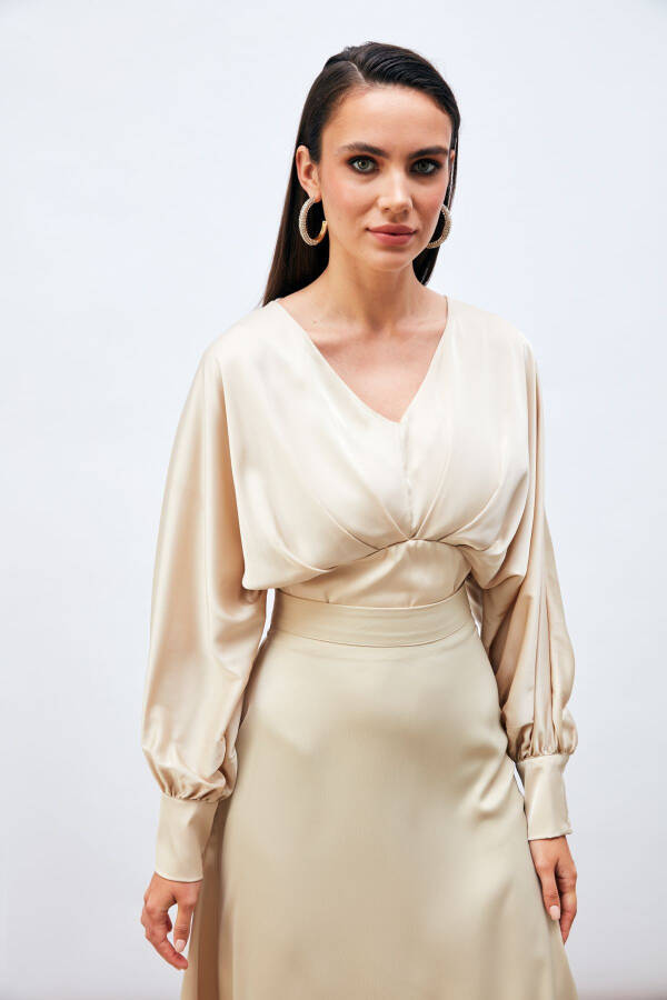 Wide Sleeve Satin Blouse - STONE - 2