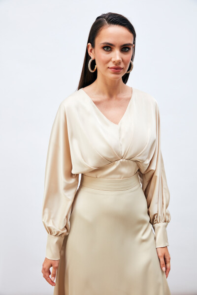 Wide Sleeve Satin Blouse - STONE - 6