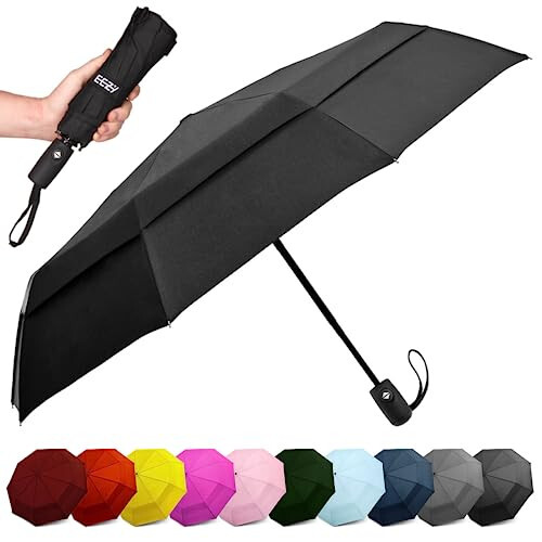 Windproof Travel Umbrellas for Rain - Lightweight, Strong, Compact with & Easy Auto Open/Close Button for Single Hand Use - Double Vented Canopy for Men & Women - 1