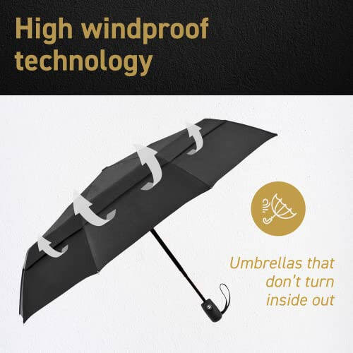 Windproof Travel Umbrellas for Rain - Lightweight, Strong, Compact with & Easy Auto Open/Close Button for Single Hand Use - Double Vented Canopy for Men & Women - 3