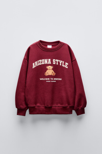 Wine-colored sweatshirt with a bear and slogan - 1