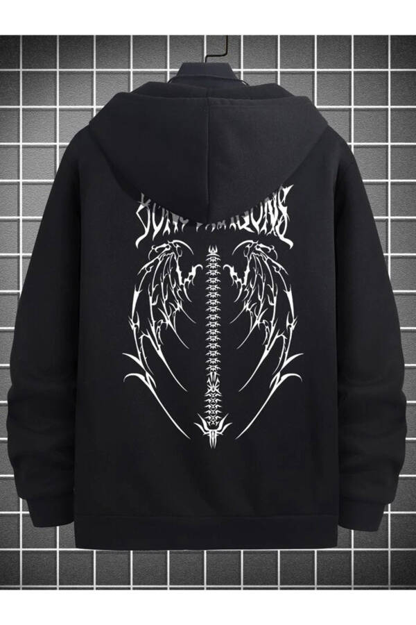 Wing Design Sweatshirt Zip Hoodie - Black Printed Oversize Pocket Winter Hooded - 1