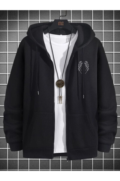 Wing Design Sweatshirt Zip Hoodie - Black Printed Oversize Pocket Winter Hooded - 2