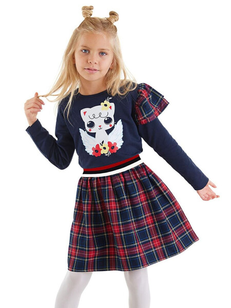 Winged Cat Girl's Navy Plaid Dress - 1