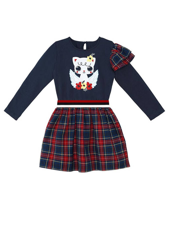 Winged Cat Girl's Navy Plaid Dress - 3