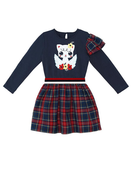 Winged Cat Girl's Navy Plaid Dress - 8