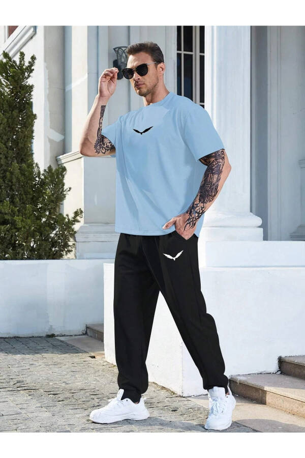 Wings Baby Blue T-shirt Black Jogger Sweatpants - Printed Top Bottom Sweatsuit Oversize Crew Neck - 1