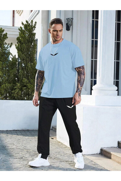 Wings Baby Blue T-shirt Black Jogger Sweatpants - Printed Top Bottom Sweatsuit Oversize Crew Neck - 3