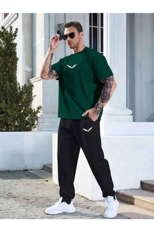 Wings Green T-shirt Black Jogger Pants - Printed Top & Bottom Tracksuit Oversize Crew Neck - 1