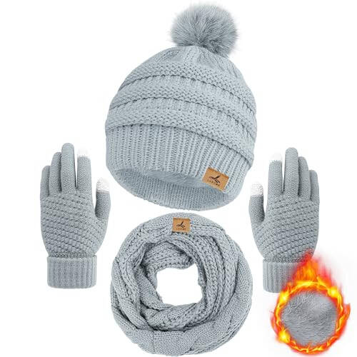 Winter Beanie Hat Scarf Gloves Set, Soft Warm Knit Hat Warm Touchscreen Gloves Neck Warmer Thick Knitted Scarves for Women - 1