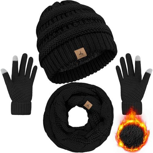 Winter Beanie Hat Scarf Gloves, Warm Fleece Knit Winter Hats Touch Screen Gloves Neck Scarf Set Winter Gifts for Unisex Adult - 1