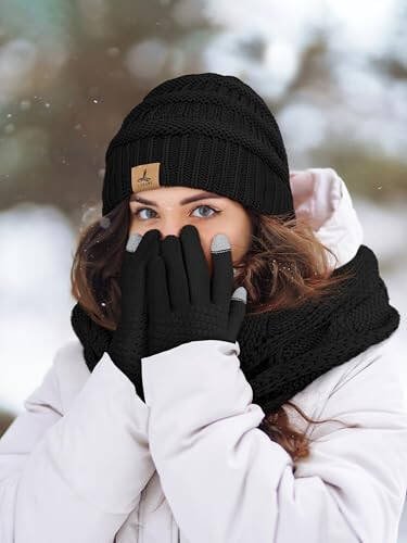 Winter Beanie Hat Scarf Gloves, Warm Fleece Knit Winter Hats Touch Screen Gloves Neck Scarf Set Winter Gifts for Unisex Adult - 6