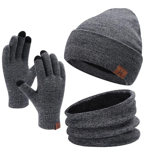 Winter Beanie Hat Scarf Touchscreen Gloves Set for Men and Women, Beanie Gloves Neck Warmer Set with Warm Knit Fleece Lined - 1