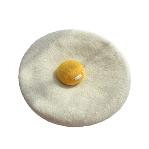 Winter Beret Hat Cute Poached Egg Soft Wool Felt Beret Handmade Painter Creative Hat Cap for Women Kids Girls White - 1