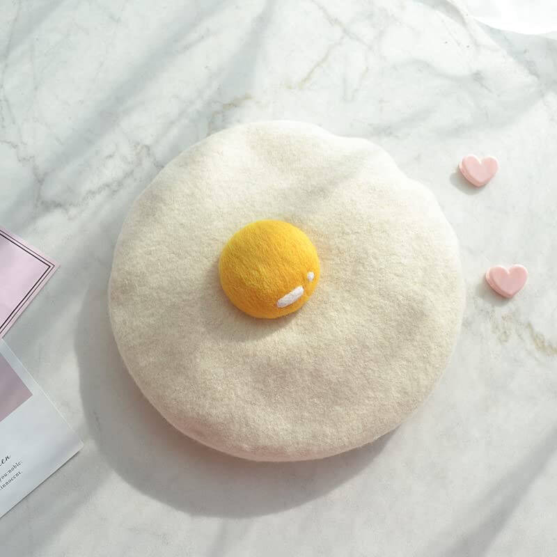 Winter Beret Hat Cute Poached Egg Soft Wool Felt Beret Handmade Painter Creative Hat Cap for Women Kids Girls White - 2