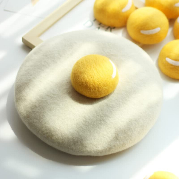 Winter Beret Hat Cute Poached Egg Soft Wool Felt Beret Handmade Painter Creative Hat Cap for Women Kids Girls White - 3