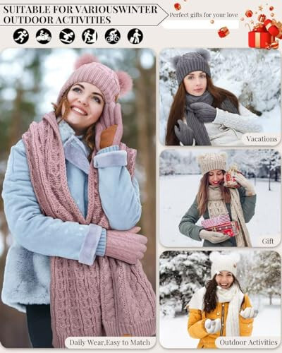 Winter Hat Scarf Glove Set for Women, Fleece Lined Beanie with Double Pom Pom, Touchscreen Gloves Knit Scarf for Cold Weather - 15