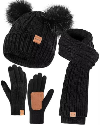 Winter Hat Scarf Glove Set for Women, Fleece Lined Beanie with Double Pom Pom, Touchscreen Gloves Knit Scarf for Cold Weather - 2