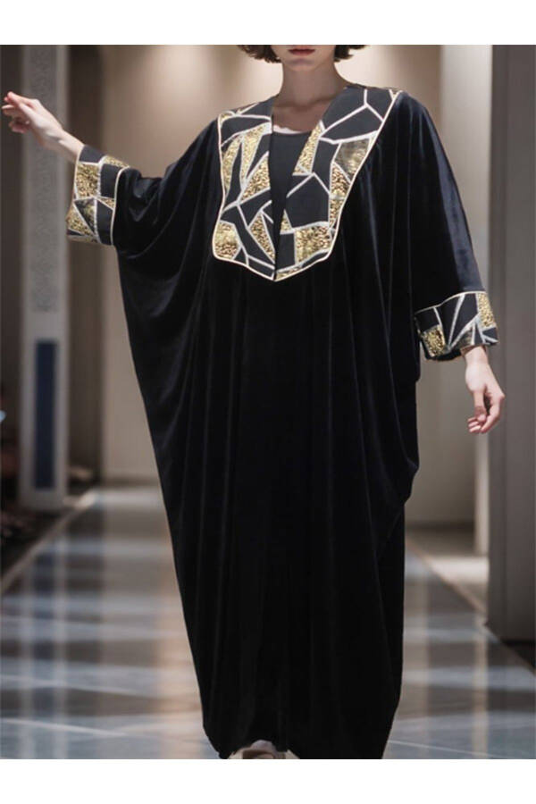 Winter Velvet Abaya Black And Gold Muslim Dress Kaftan Islam Plus Size Ferace, Bisht - 1