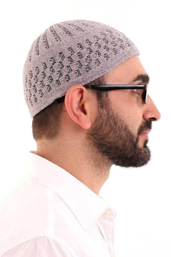 Winter Velvet Hat with Straw Pattern - Grey - 4