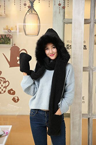 Winter Warm Women Hoodie Hat/Scarf/Gloves Set Soft Plush Thick Warm Hat - 5