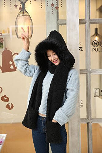 Winter Warm Women Hoodie Hat/Scarf/Gloves Set Soft Plush Thick Warm Hat - 6