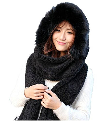 Winter Warm Women Siamese Hoodie Gloves Pocket Earflap Hat Long Scarf Shawl Wraps - 1