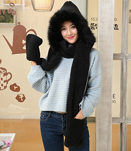 Winter Warm Women Siamese Hoodie Gloves Pocket Earflap Hat Long Scarf Shawl Wraps - 2