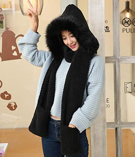 Winter Warm Women Siamese Hoodie Gloves Pocket Earflap Hat Long Scarf Shawl Wraps - 4