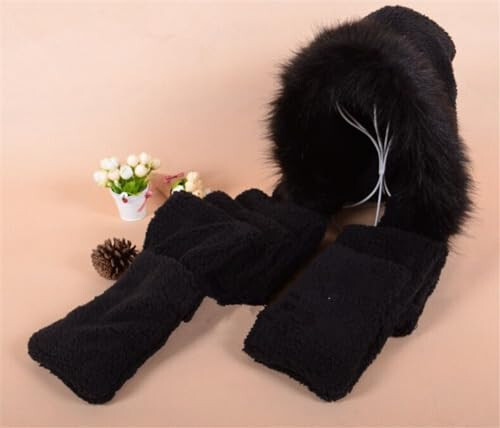 Winter Warm Women Siamese Hoodie Gloves Pocket Earflap Hat Long Scarf Shawl Wraps - 5