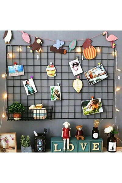 Wire Panel Memo Board Photo Hanger Wire Hanger Memo Board + 3m LED + Metal Panel with Basket - 2