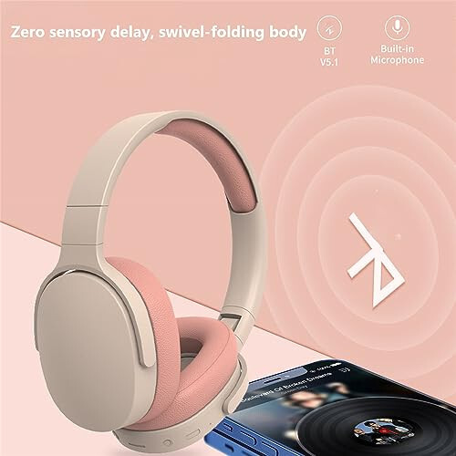 Wireless BT Over-Ear Headphones Headset with Microphone Foldable Noise Canceling Headphones (Pink) - 3