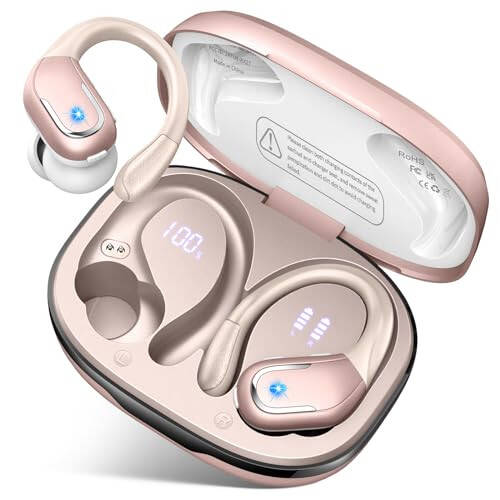 Wireless Earbud, 75H Bluetooth 5.3 Headphones Sport IP7 Waterproof, Running Wireless Earphones with ENC Noise Canceling Mic, 3D Bass Over Ear bud with Earhooks for Android, iOS, Workout, Gym, Rosegold - 7