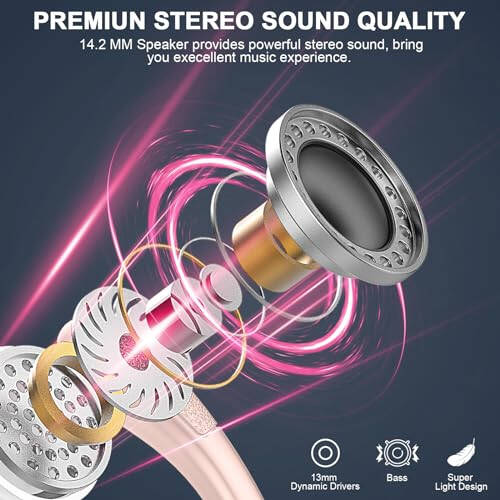 Wireless Earbud, 75H Bluetooth 5.3 Headphones Sport IP7 Waterproof, Running Wireless Earphones with ENC Noise Canceling Mic, 3D Bass Over Ear bud with Earhooks for Android, iOS, Workout, Gym, Rosegold - 8