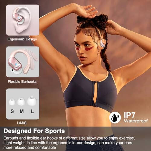 Wireless Earbud, 75H Bluetooth 5.3 Headphones Sport IP7 Waterproof, Running Wireless Earphones with ENC Noise Canceling Mic, 3D Bass Over Ear bud with Earhooks for Android, iOS, Workout, Gym, Rosegold - 11