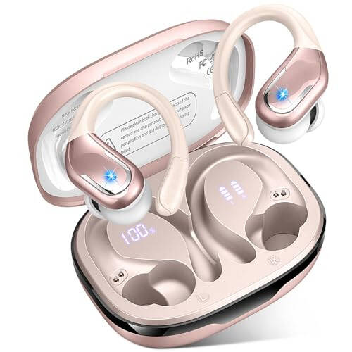 Wireless Earbud, 75H Bluetooth 5.3 Headphones Sport IP7 Waterproof, Running Wireless Earphones with ENC Noise Canceling Mic, 3D Bass Over Ear bud with Earhooks for Android, iOS, Workout, Gym, Rosegold - 1