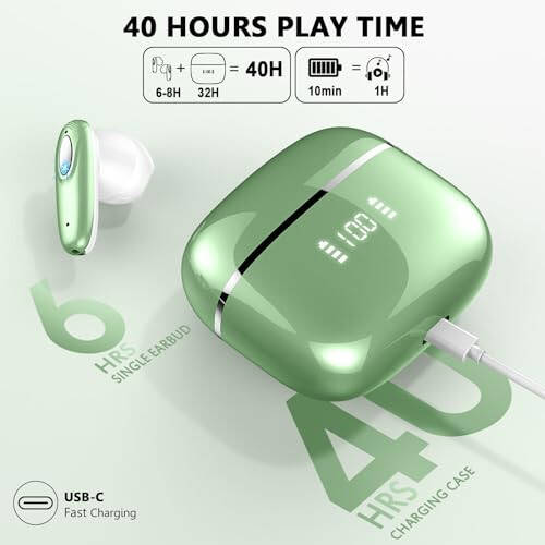 Wireless Earbud, Bluetooth 5.3 Headphones 40H Ear Buds Deep Bass Stereo with Mini Charging Case, Bluetooth Earbud with Dual Mics Call, IP7 Waterproof in-Ear Earphones for Android iOS Phone Green - 4